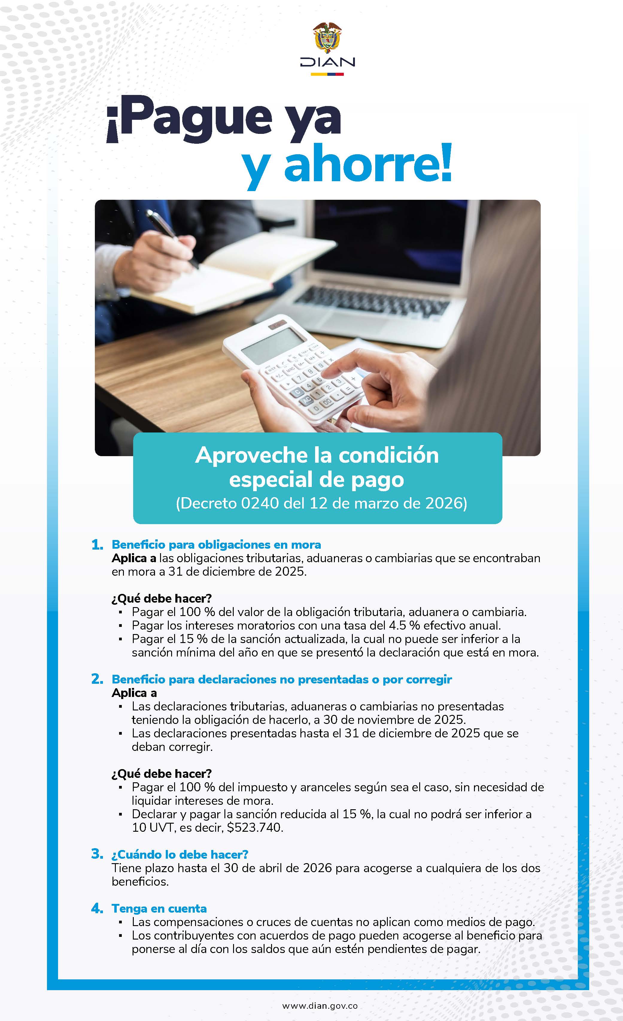 Infografía de los Beneficios, intereses y sanciones del Decreto 0240 del 12/03/2026